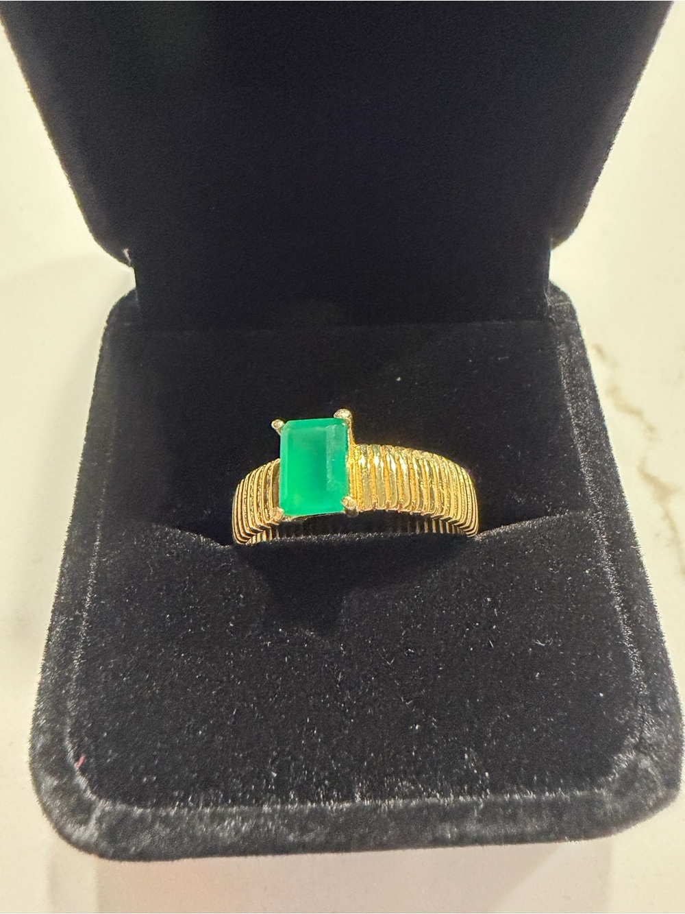 Gold Ring with Emerald Green Rectangular Stone – Women Jewelry